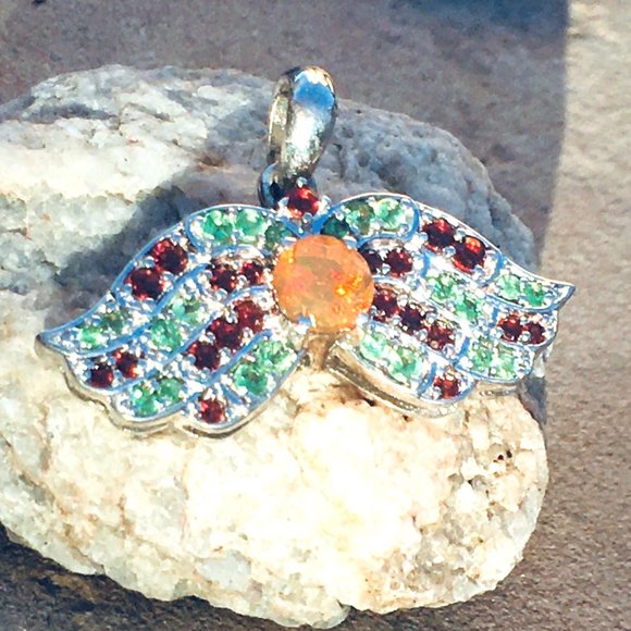 .925 Silver Opal, Tsavorite & Red Garnet Wings Pendant Angel Natural - Picture 9 of 16